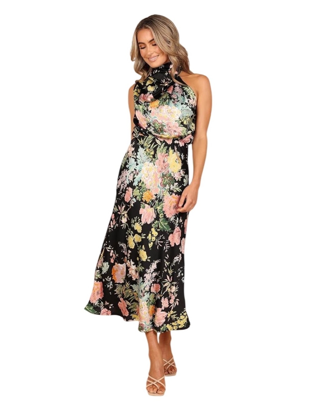 Petal & Pup Black One-Shoulder Floral Midi Dress with Pastel Blooms